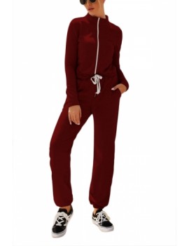 Long Sleeve Casual Jumpsuit Zip Up Ruby