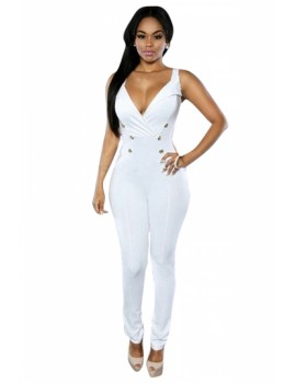 V Neck Double-Breasted Sleeveless White Jumpsuits For Women