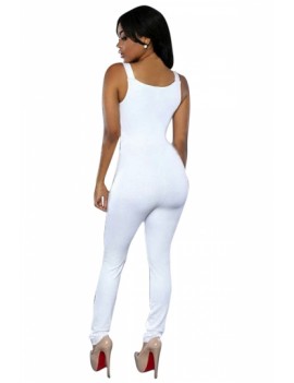 V Neck Double-Breasted Sleeveless White Jumpsuits For Women