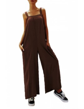 Womens Solid Wide Leg Overall Jumpsuit Camel