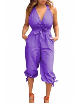 V Neck Criss Cross Belted Pocket Plain Jumpsuit Purple
