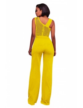 Womens Elegant Sleeveless Cut Out Belted Wide Legs Jumpsuit Yellow