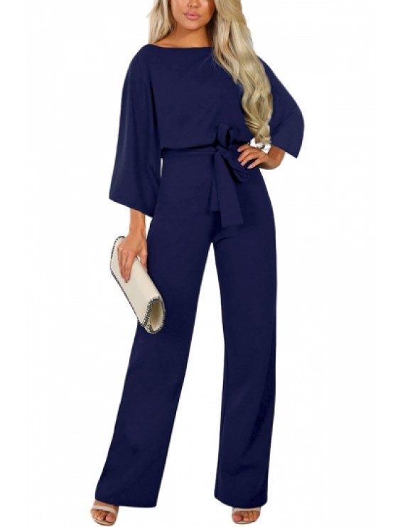 Wide Leg Jumpsuit With Belted Navy Blue