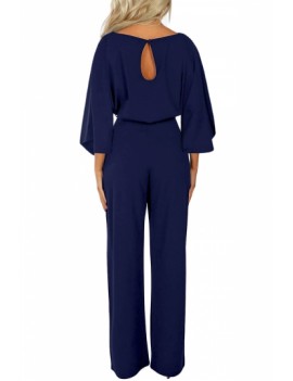 Wide Leg Jumpsuit With Belted Navy Blue
