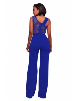 Womens Elegant Sleeveless Cut Out Belted Wide Legs Jumpsuit Blue