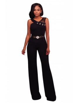 Womens Elegant Sleeveless Cut Out Belted Wide Legs Jumpsuit Black