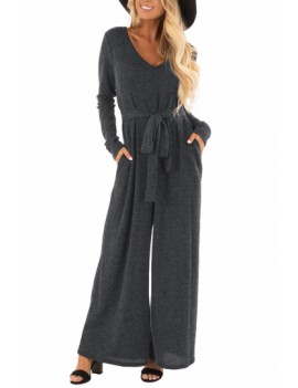 Wide Leg Jumpsuit With Belted Gray