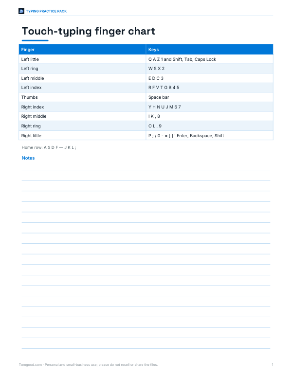 Preview of Printable Touch Typing Finger Chart